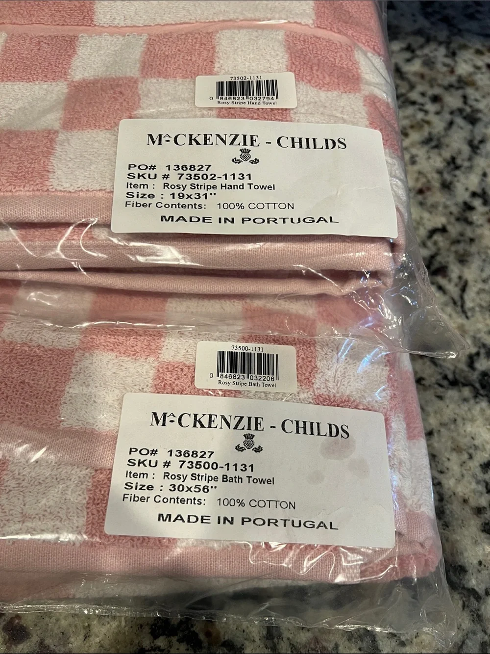 Mackenzie-Childs Rosy Stripe Bath Towel and Hand Towel. NWT.